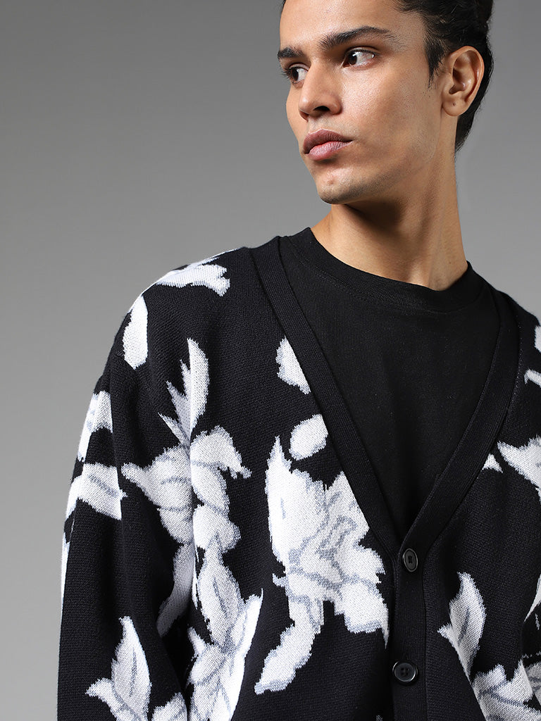 Nuon Black Floral Printed Slim-Fit Cardigan