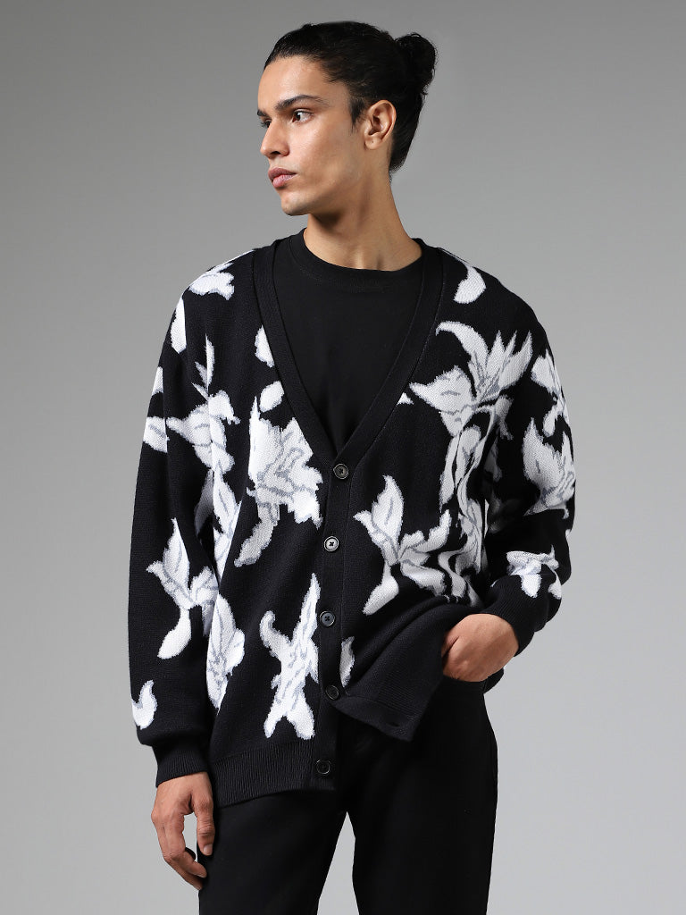 Nuon Black Floral Printed Slim-Fit Cardigan