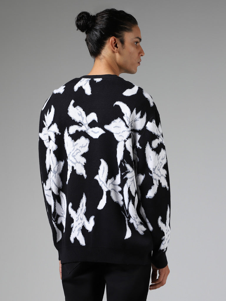 Nuon Black Floral Printed Slim-Fit Cardigan