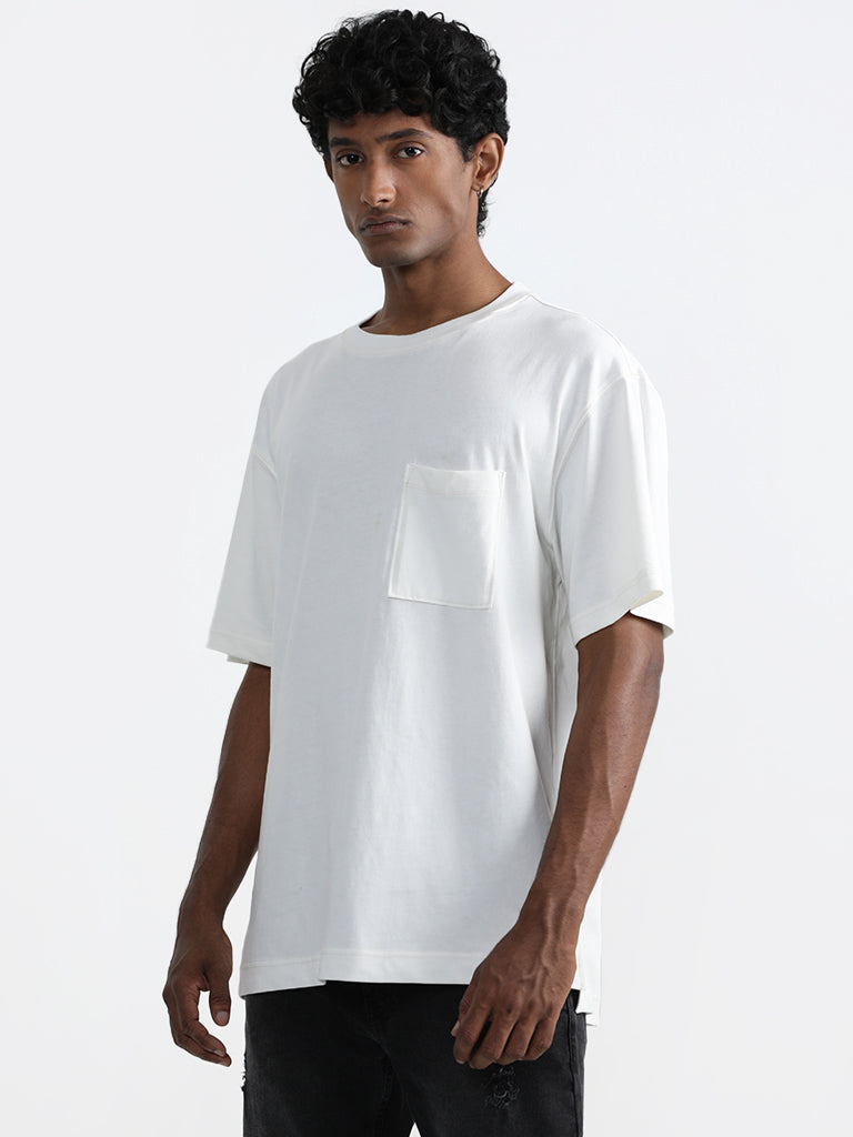 Nuon Solid Off-White Cotton Relaxed-Fit T-Shirt