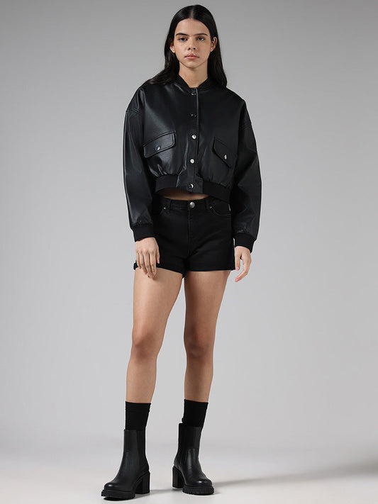 Nuon Solid Black Crop Leather Jacket