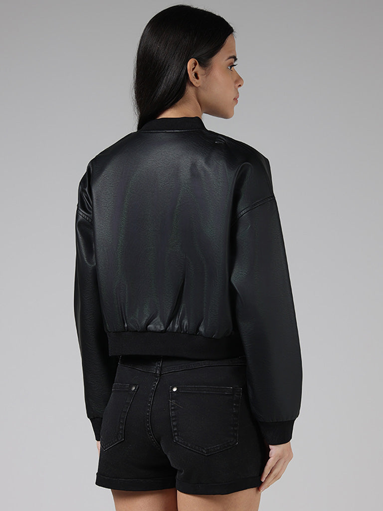 Nuon Solid Black Crop Leather Jacket