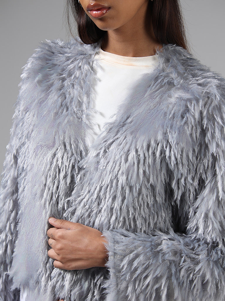 Nuon Solid Grey Fur Cardigan