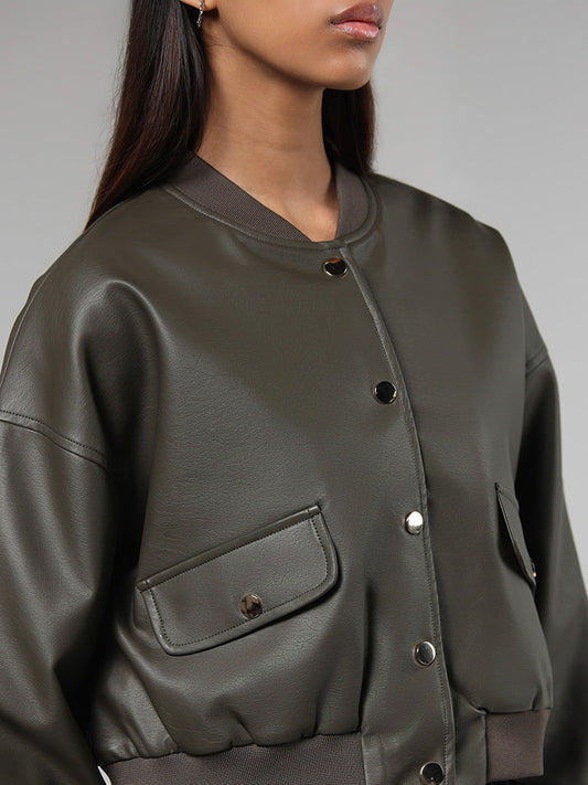 Nuon Solid Olive Leather Jacket