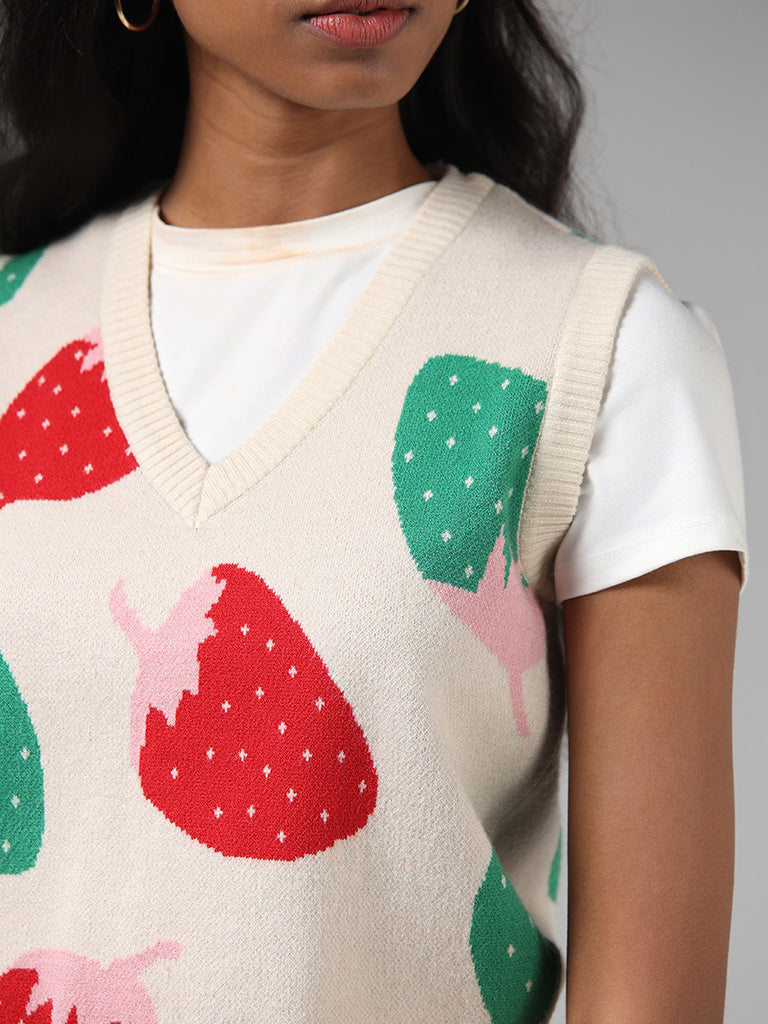 Nuon Fruit Pattern Off White Crop Sweater Vest