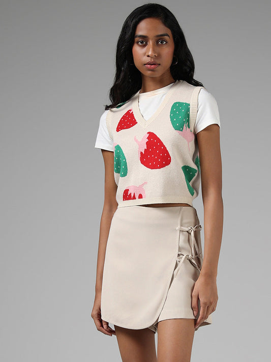 Nuon Fruit Pattern Off White Crop Sweater Vest