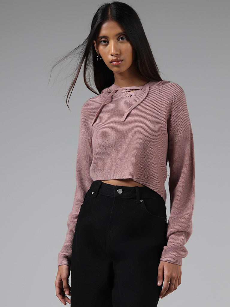 Nuon Solid Pink Crop Cardigan