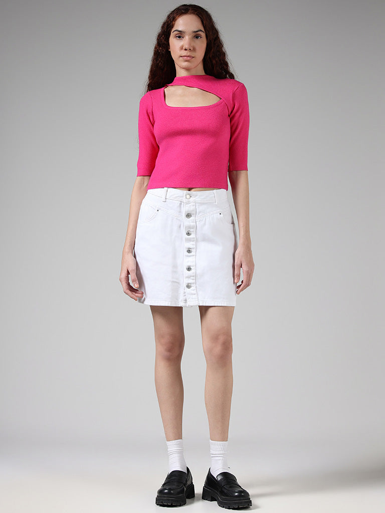 Nuon Solid Pink Neck Cut-Out Knit Top