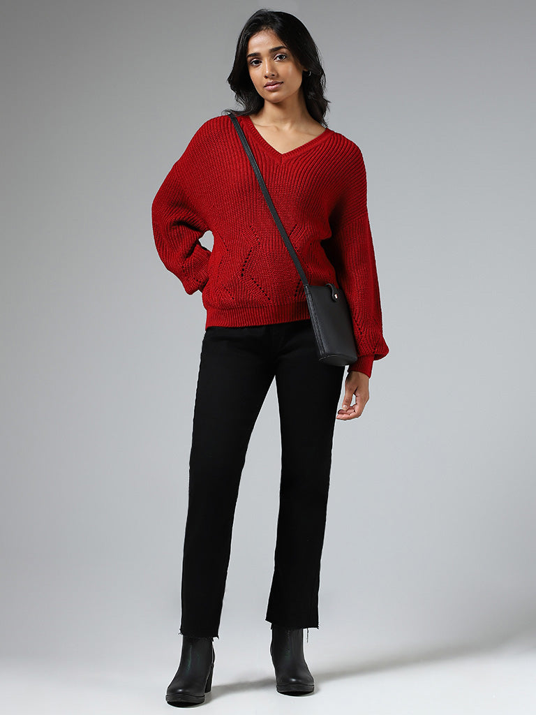 LOV Red Pointelle Knit Sweater