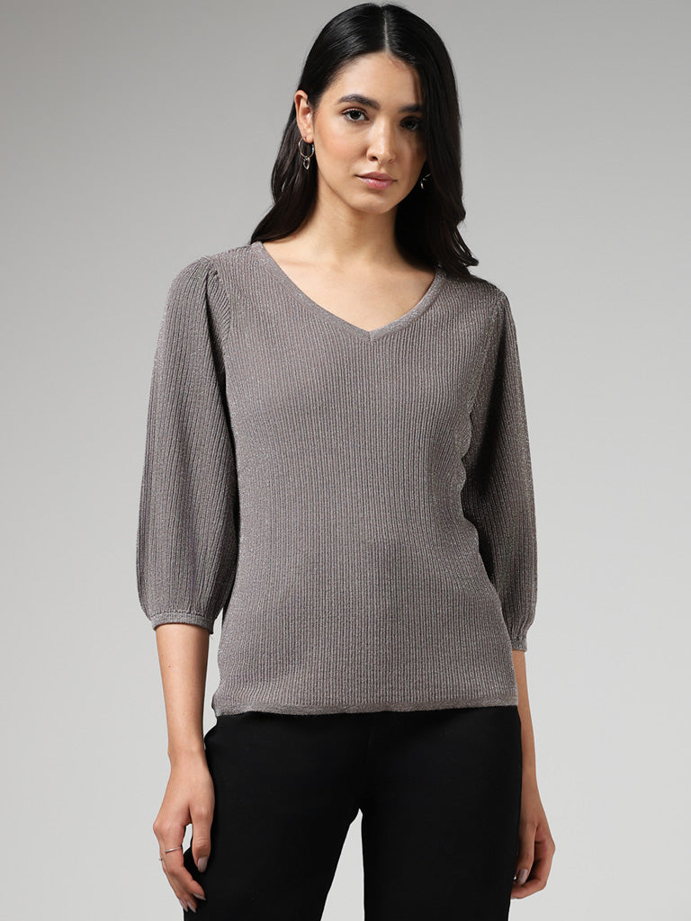 LOV Grey Fluted Shimmer Sweater