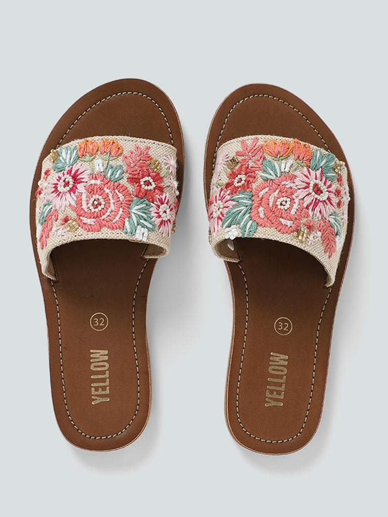 Yellow Multicolored Floral Embroidered Slides