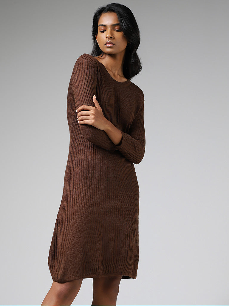 LOV Chocolate Brown Crisscross Striped Sweater Dress