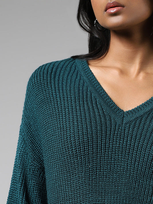 LOV Teal Pointelle Knit Sweater