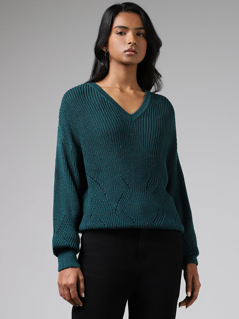 LOV Teal Pointelle Knit Sweater