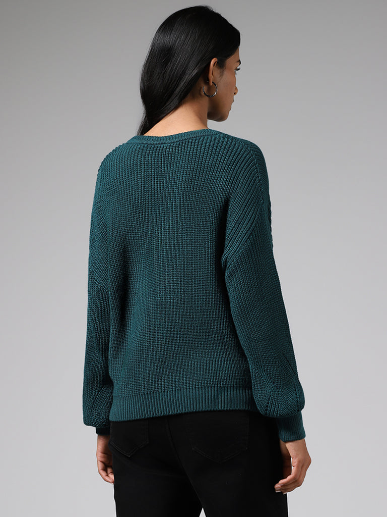 LOV Teal Pointelle Knit Sweater