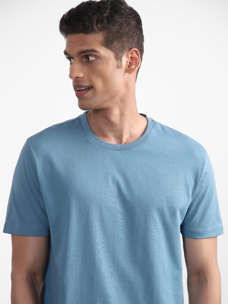 WES Casuals Plain Light Teal Cotton Slim-Fit T-Shirt