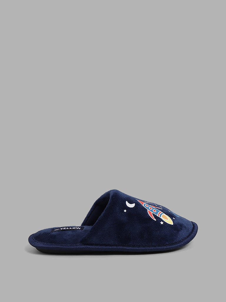 Yellow Navy Space Printed Faux Fur Slippers