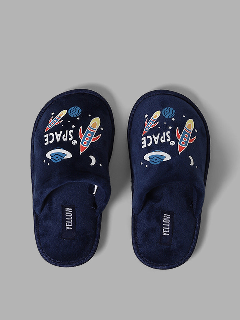 Yellow Navy Space Printed Faux Fur Slippers