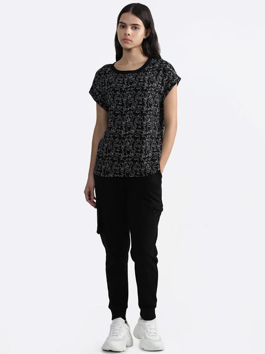 Studiofit Black Face Printed Cotton T-Shirt