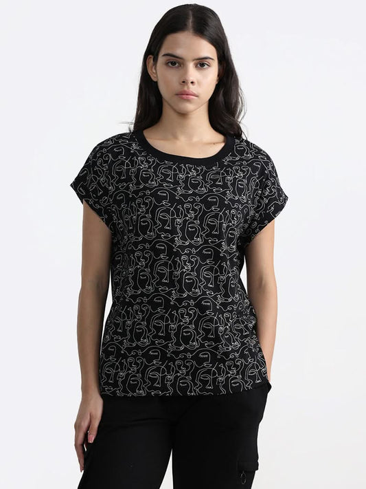 Studiofit Black Face Printed Cotton T-Shirt