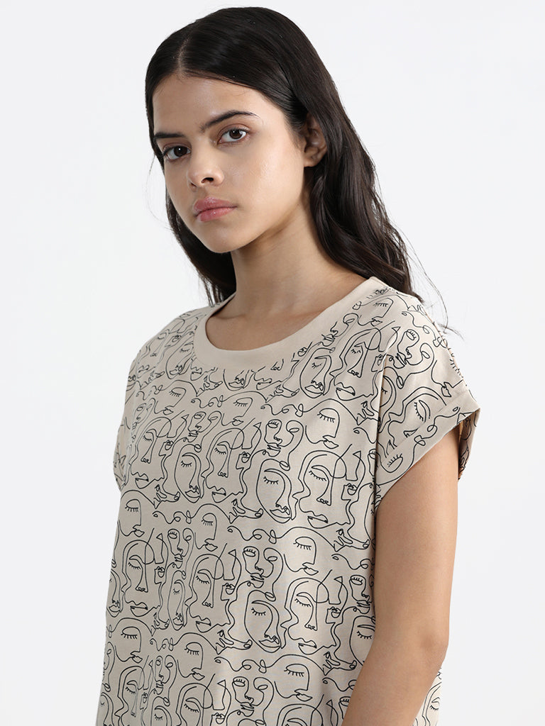 Studiofit Cream Face Printed Cotton T-Shirt