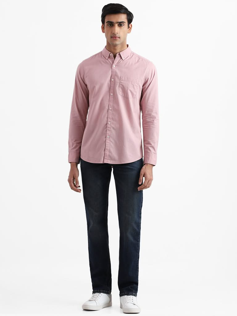 WES Casuals Dobby Dusty Pink Cotton Slim-Fit Shirt