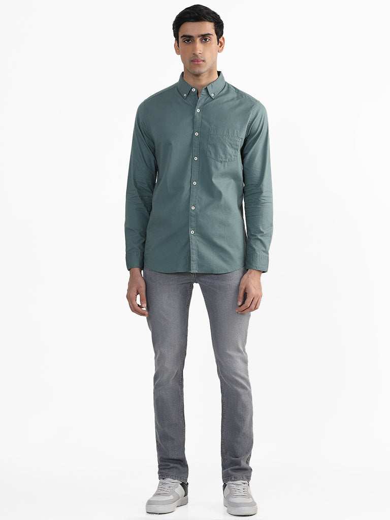 WES Casuals Light Olive Green Cotton Slim-Fit Shirt