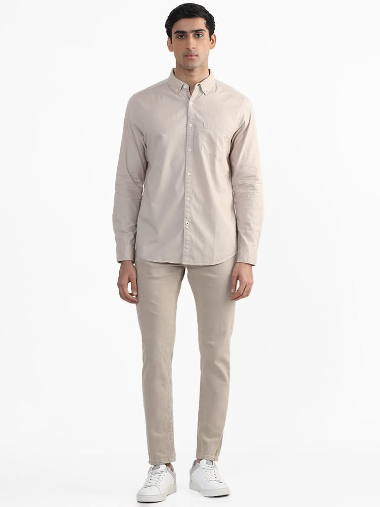 WES Casuals Plain Beige Cotton Slim-Fit Shirt