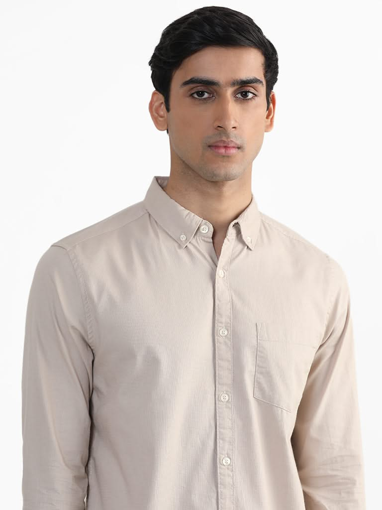 WES Casuals Plain Beige Cotton Slim-Fit Shirt