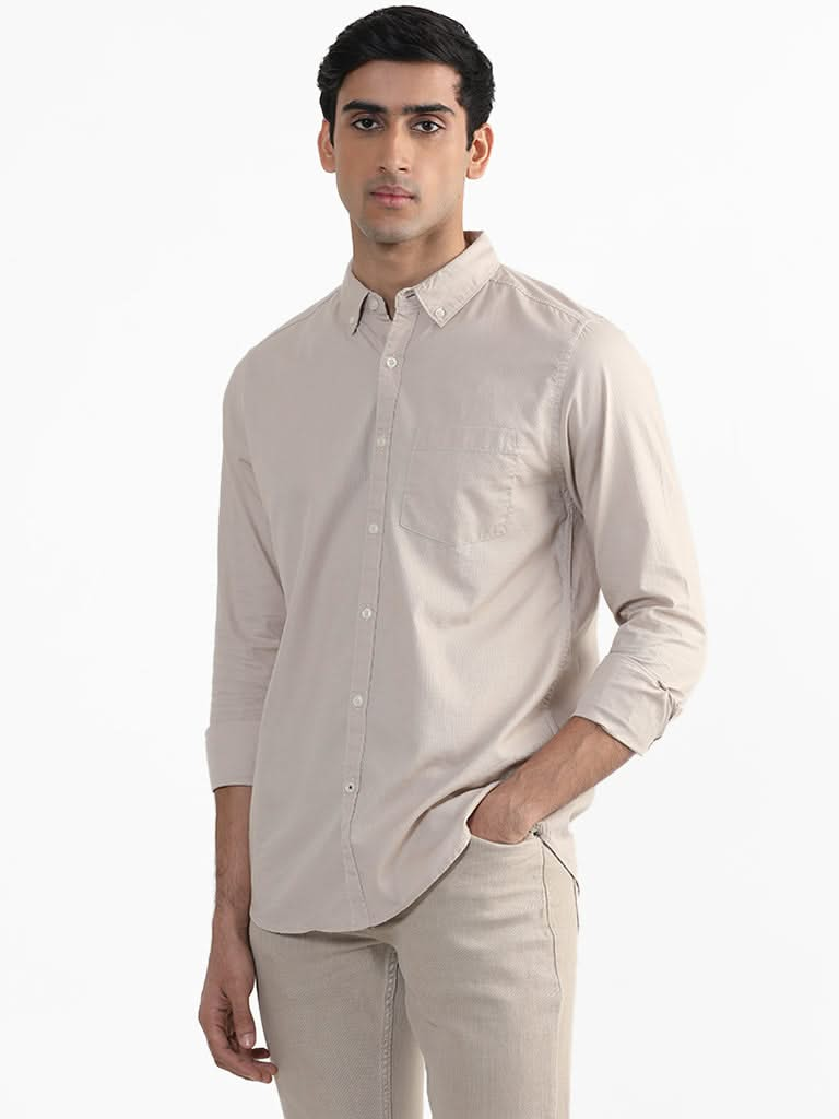 WES Casuals Plain Beige Cotton Slim-Fit Shirt