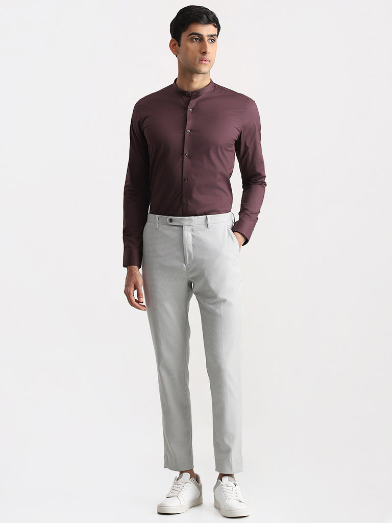 WES Formals Solid Dark Plum Cotton Blend Ultra-Slim Fit Shirt