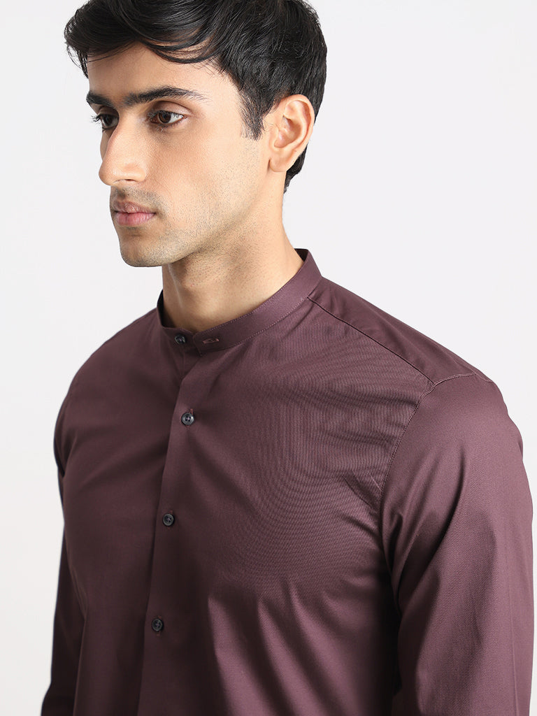 WES Formals Solid Dark Plum Cotton Blend Ultra-Slim Fit Shirt