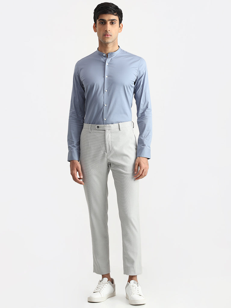 WES Formals Solid Light Blue Cotton Blend Ultra-Slim Fit Shirt