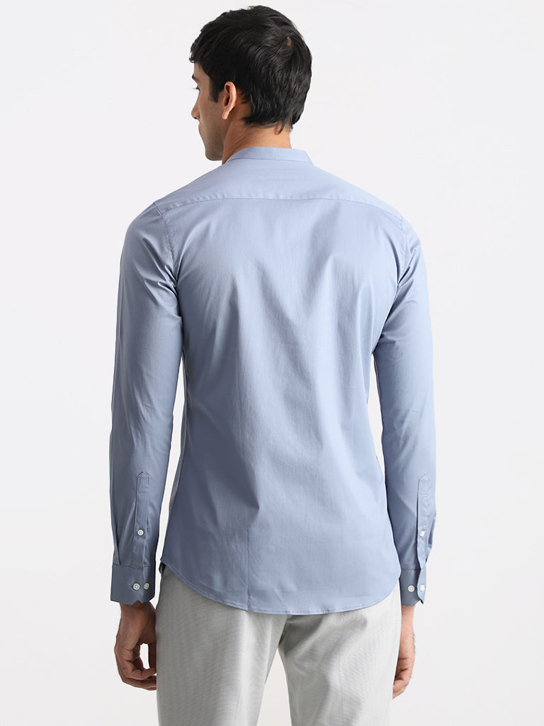 WES Formals Solid Light Blue Cotton Blend Ultra-Slim Fit Shirt