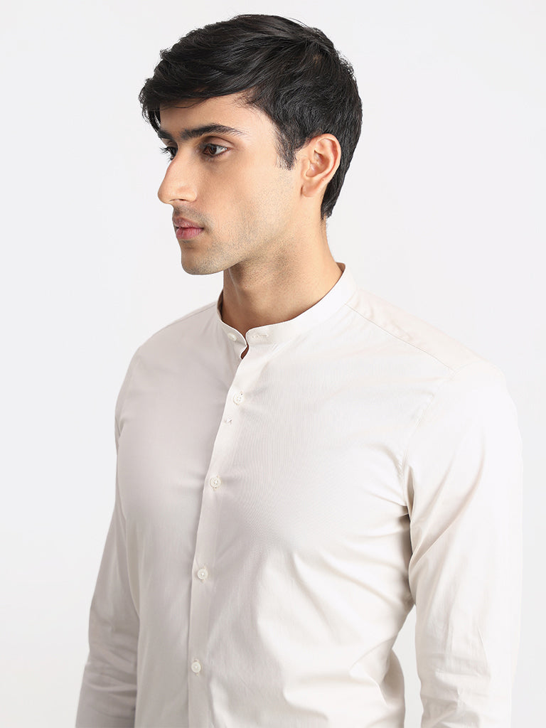 WES Formals Solid Light Cream Cotton Blend Ultra-Slim Fit Shirt