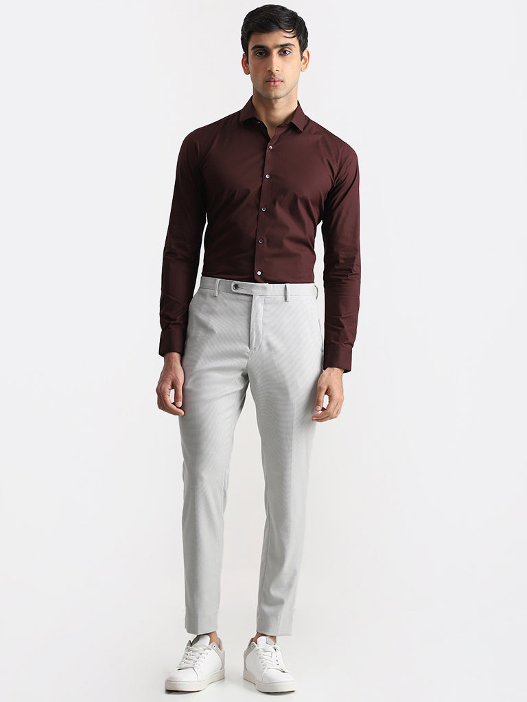 WES Formals Solid Dark Wine Cotton Blend Ultra-Slim Fit Shirt