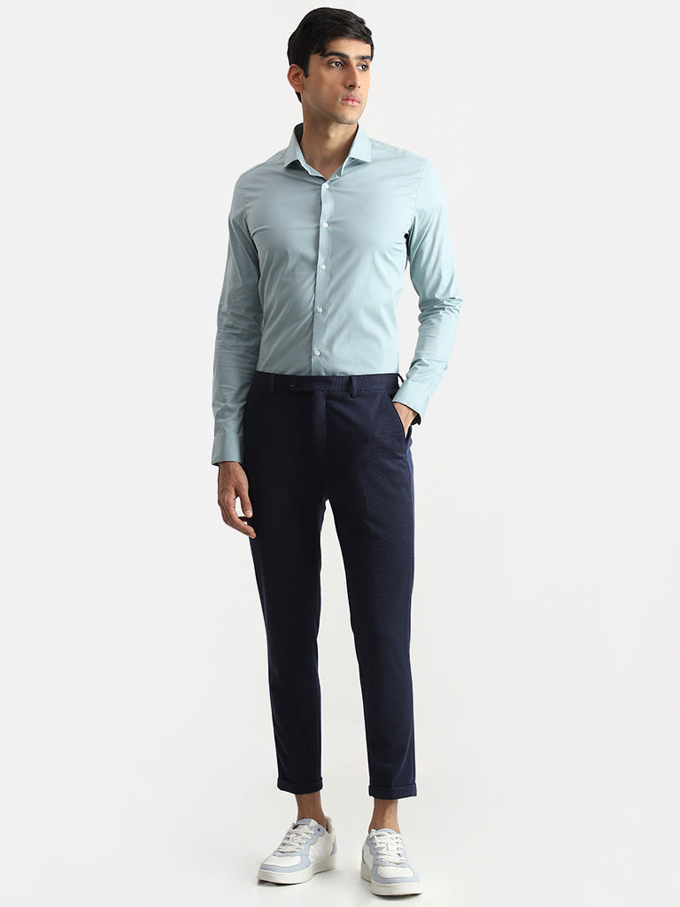 WES Formals Solid Light Teal Cotton Blend Ultra-Slim Fit Shirt