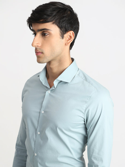 WES Formals Solid Light Teal Cotton Blend Ultra-Slim Fit Shirt