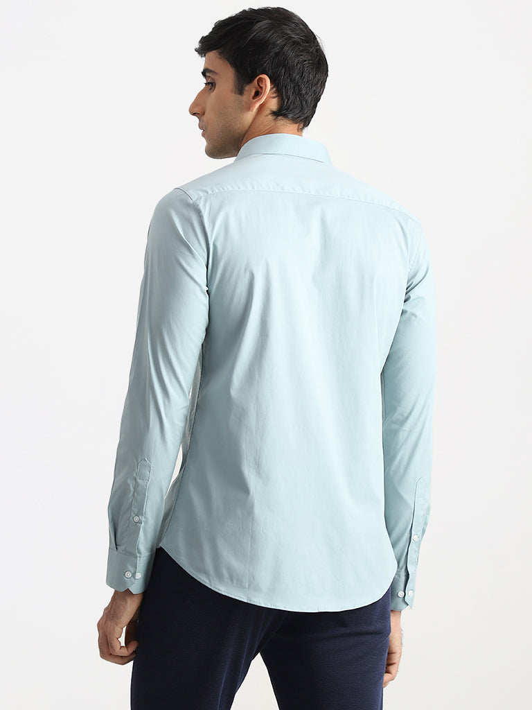 WES Formals Solid Light Teal Cotton Blend Ultra-Slim Fit Shirt