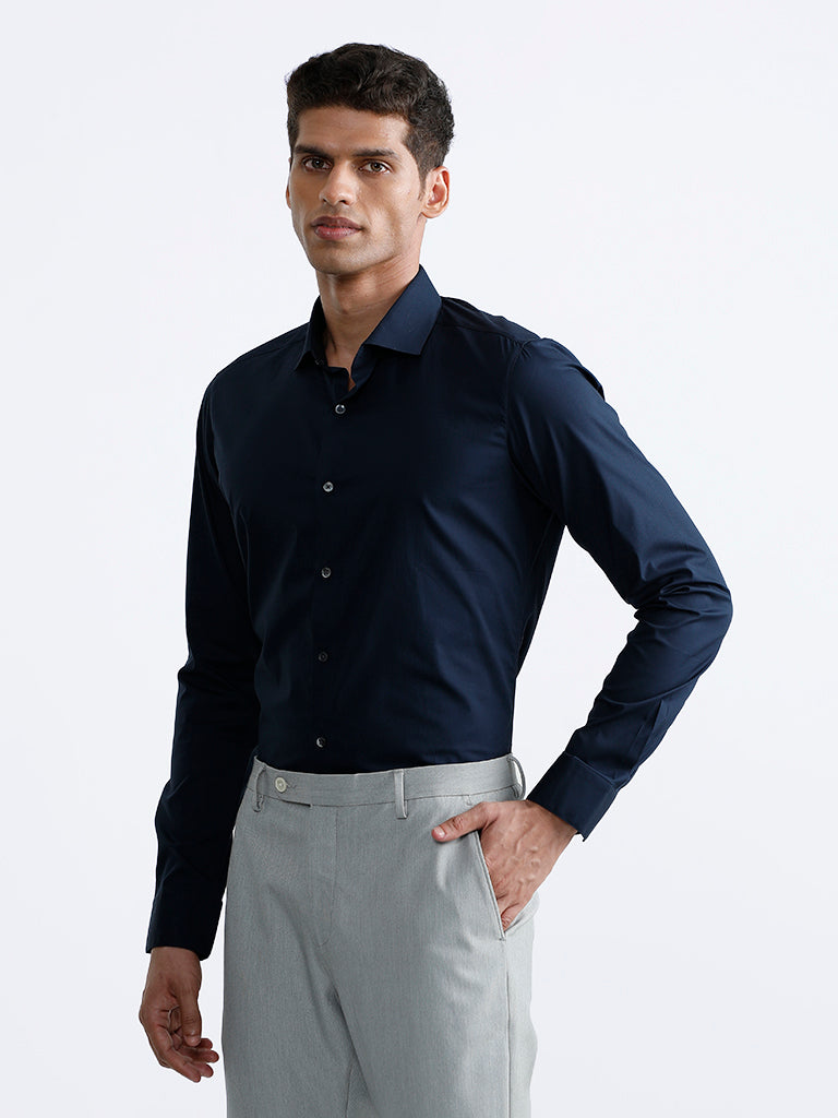 WES Formals Plain Navy Blue Cotton Blend Ultra-Slim Fit Shirt