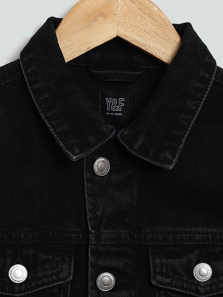 Y&F Kids Black Solid Denim Jacket