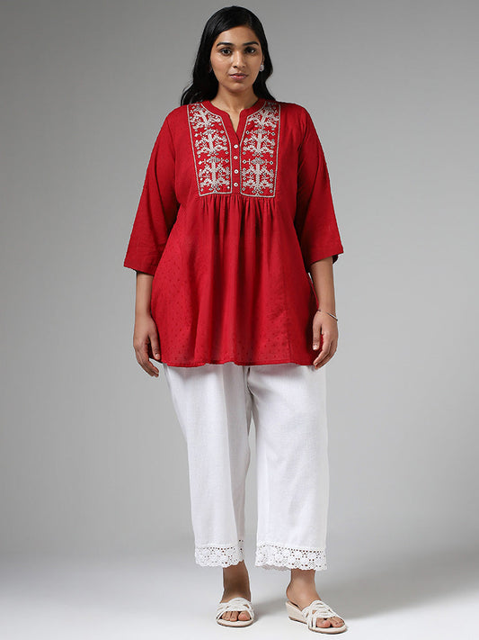 Diza Red Mirror Embroidered Pleated Kurti