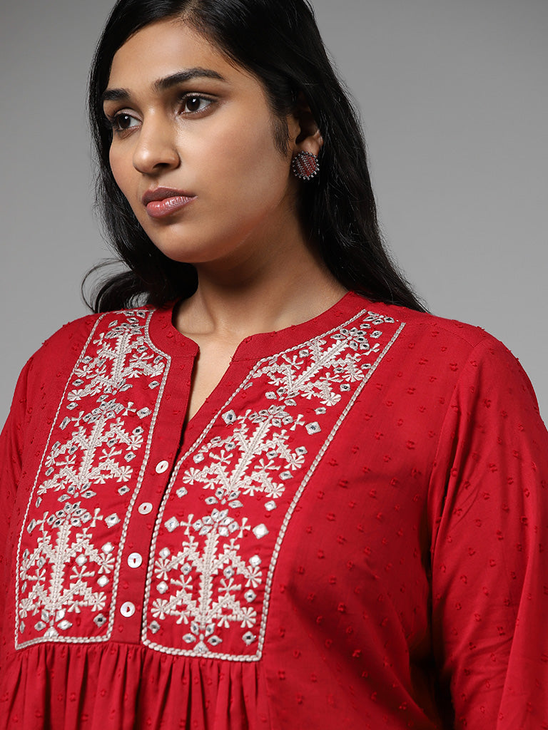 Diza Red Mirror Embroidered Pleated Kurti