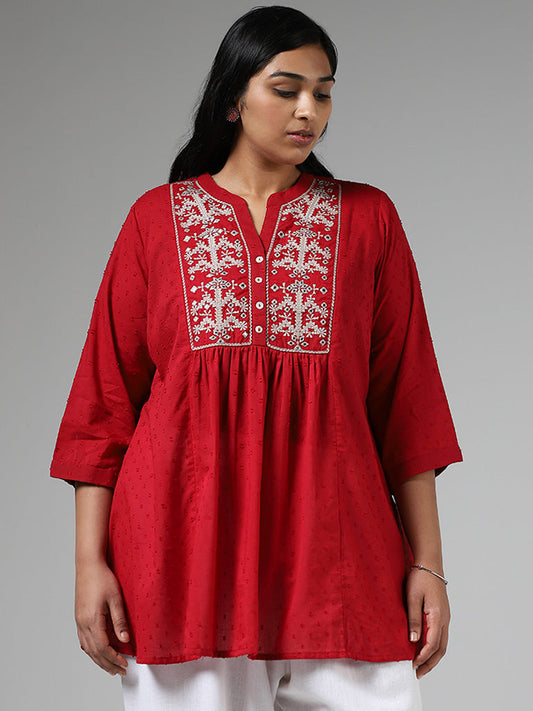 Diza Red Mirror Embroidered Pleated Kurti