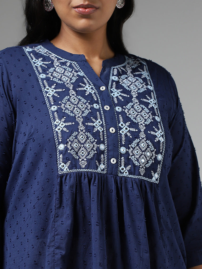 Diza Navy Blue Mirror Embroidered Pleated Kurti