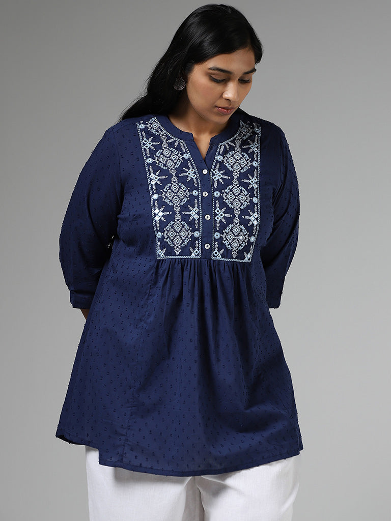 Diza Navy Blue Mirror Embroidered Pleated Kurti