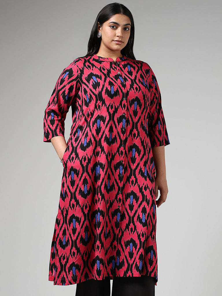 Diza Pink Bold Ikat Printed Cotton Kurta