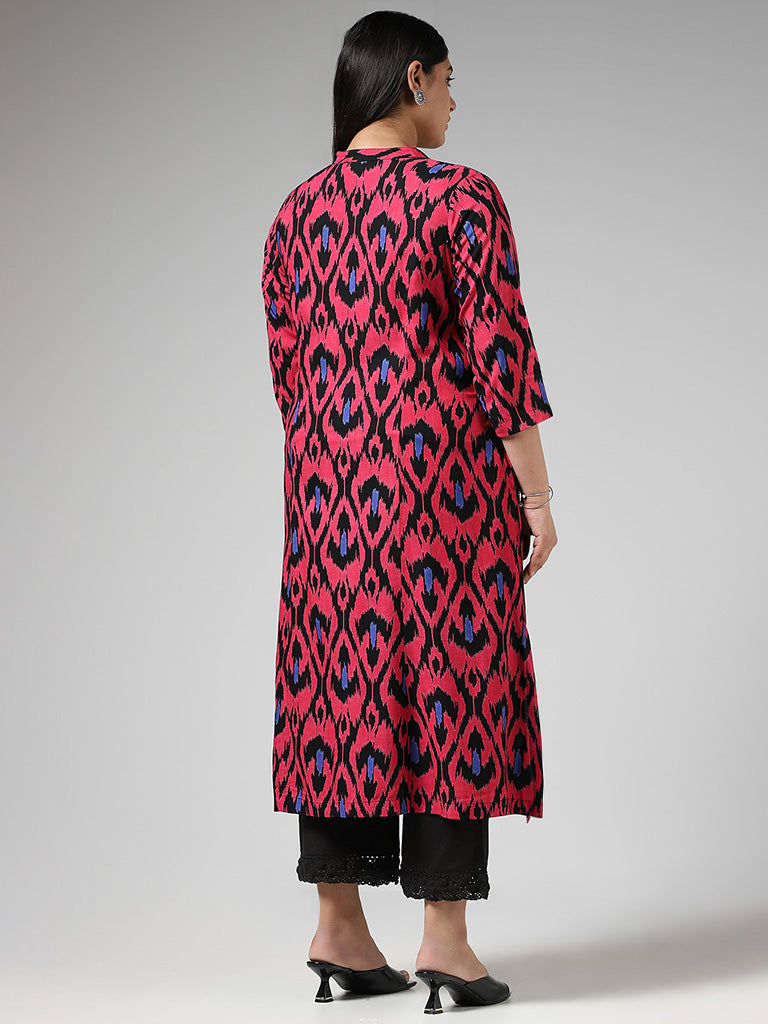 Diza Pink Bold Ikat Printed Cotton Kurta