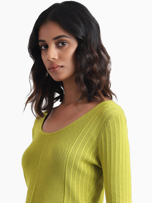 Nuon Olive Green Self Striped Crop Fit Sweater