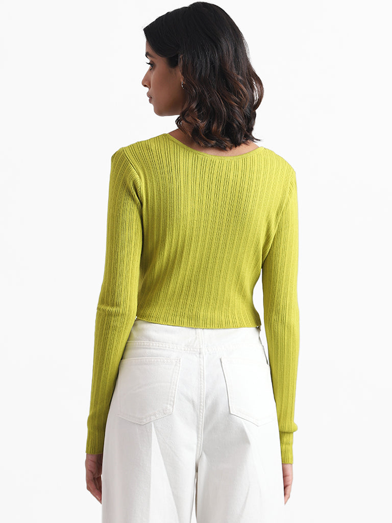 Nuon Olive Green Self Striped Crop Fit Sweater